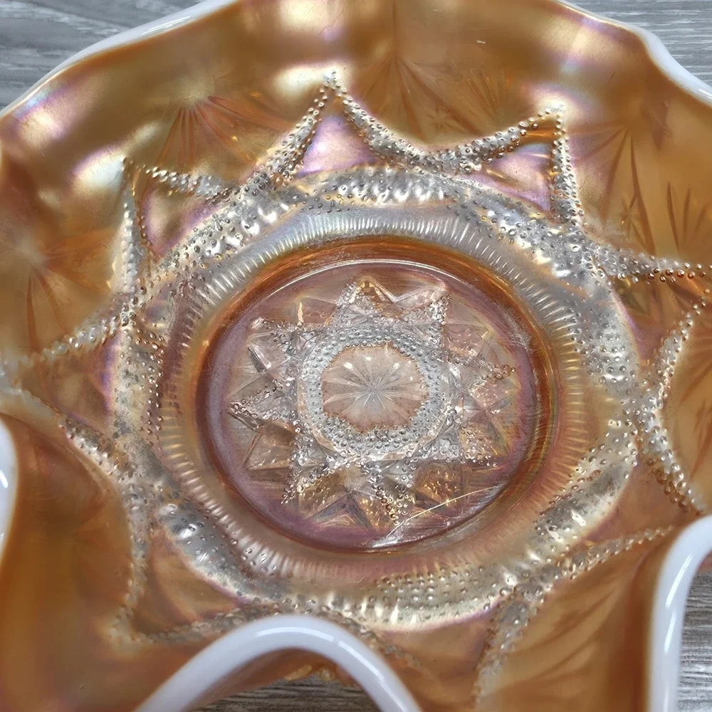 Dugan Ski Star Style‎ Ruffled Bowl - Peach Opal Carnival Glass 6
